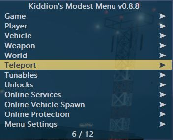 Kiddion's Modest Menu root list with Teleport selected