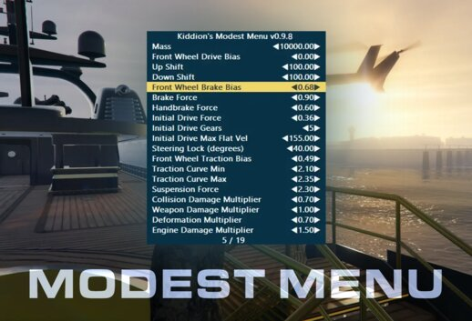 Kiddion's Modest Menu v0.9.8 over a GTA 5 sunset